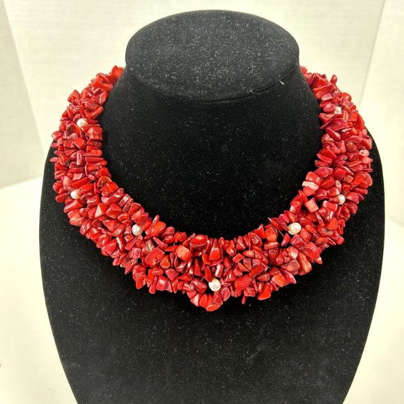 Unbranded Statement Faux Red Coral And Fresh Water Pearls Necklace Heavy - Picture 1 of 8